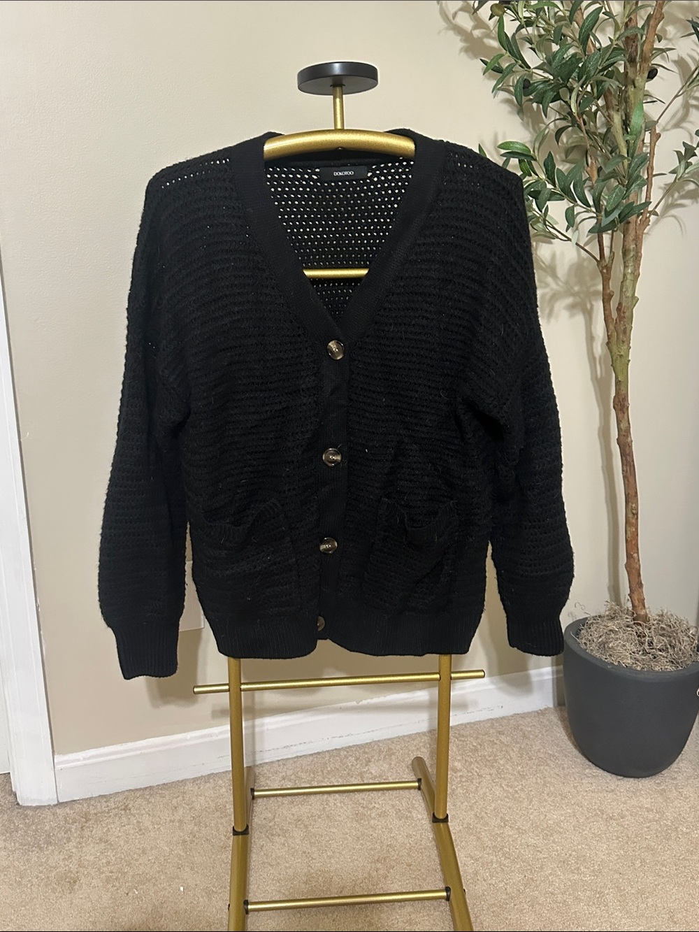 Open-Knit Button Front Cardigan Sweater - Black
